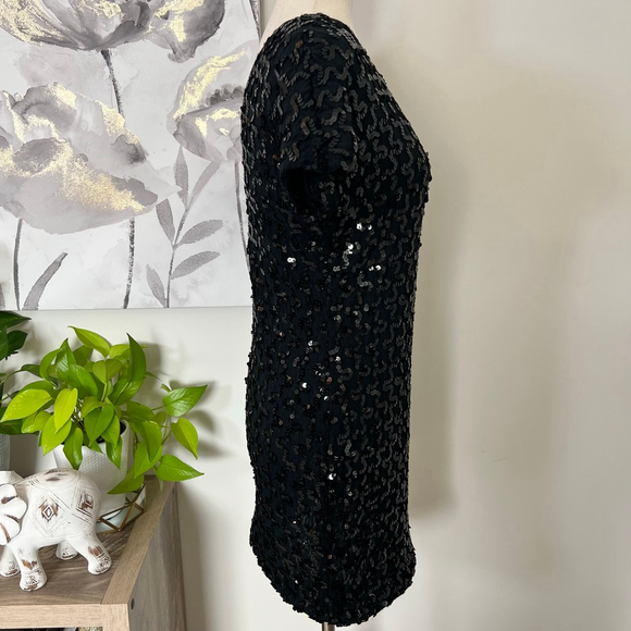 Vintage Black Sequin Mini Dress Petite Lanza Cocktail Party Fairy Goth USA - Picture 3 of 8